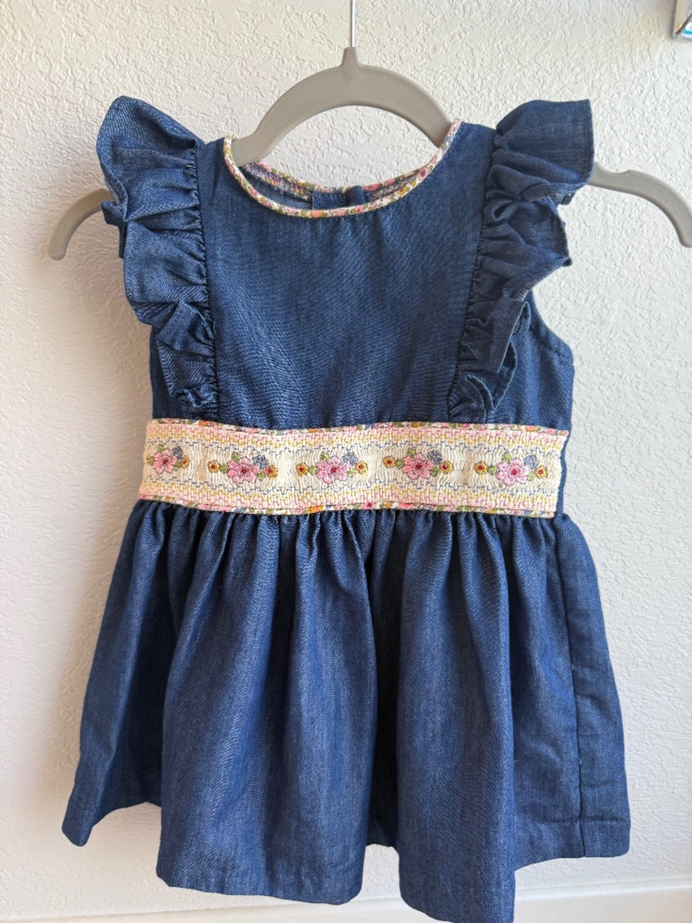 Bonnie Baby Chambray Top with Flutter Sleeves & Smocked Floral Waist | 24M